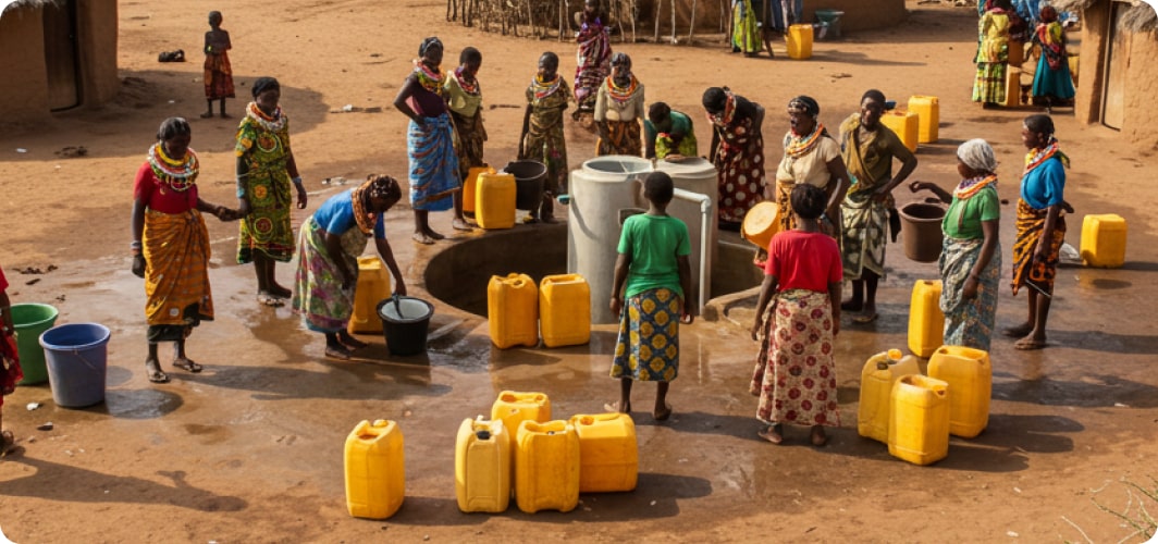Village community drawing water at a borehole with yellow jerrycans