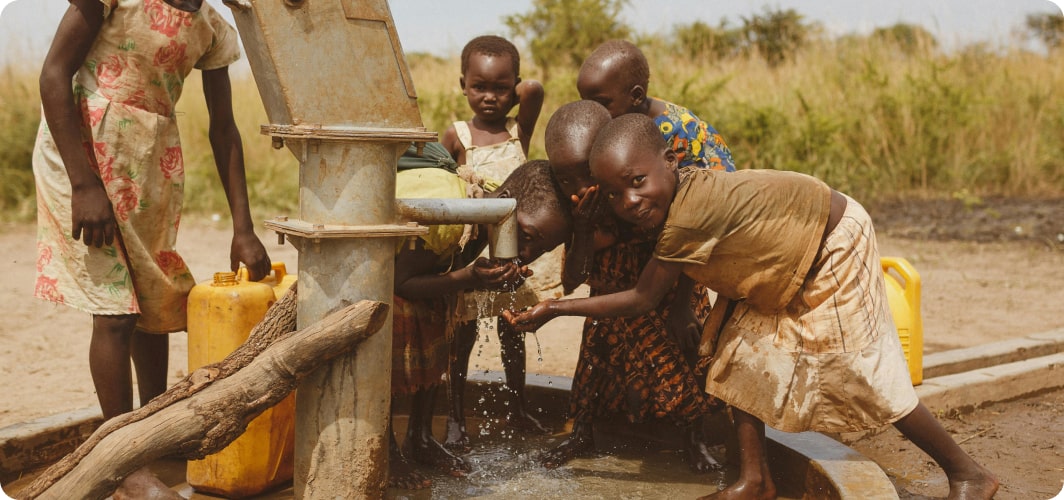 Children collecting water at a hand pump