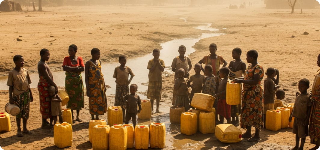 Villagers with yellow jerrycans gathering at a muddy stream