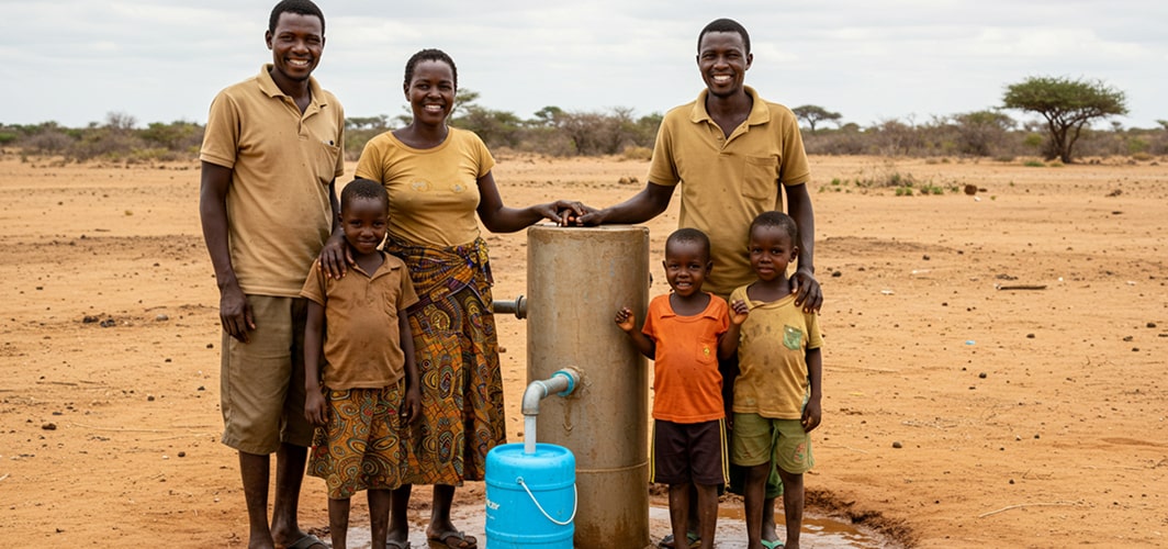 Family at a village water pump