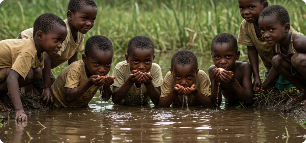 Children drinking from a swamp