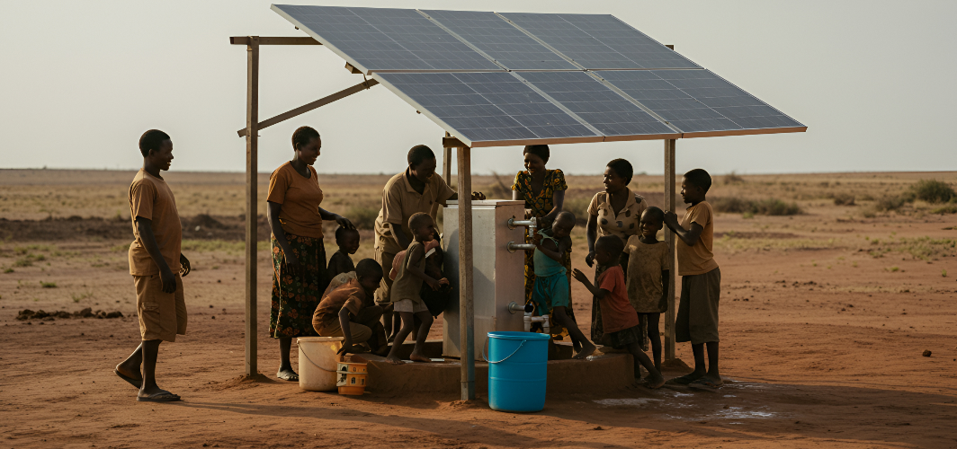 People gathered around a solar-powered water well