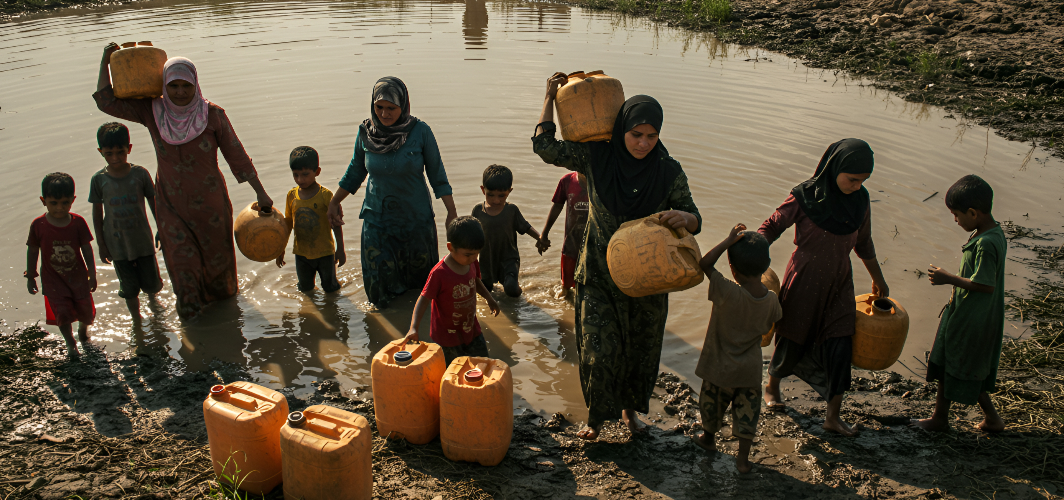 People walking through muddy water carrying jerrycans