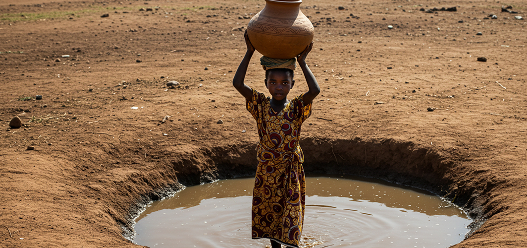 Young girl with clay pot on head standing in muddy water