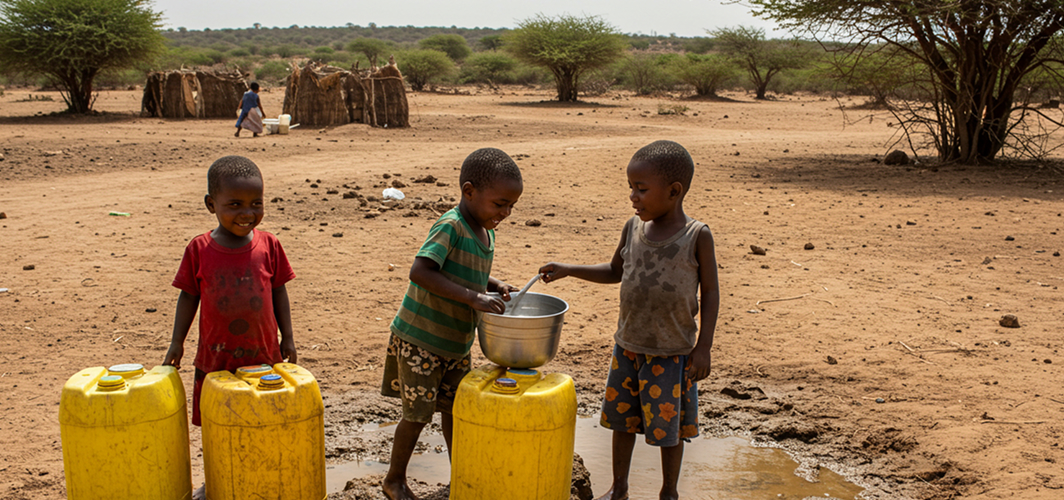 Three children with water containers in a dry rural setting